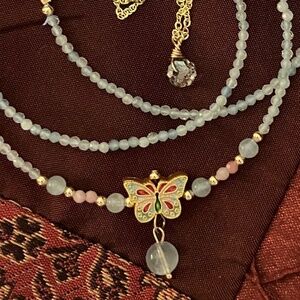 Aquamarine Pink Opal Adjustable Bracelet & Necklace Butterfly Charm - NWOT